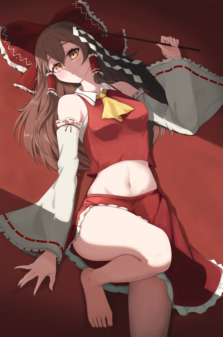 1girl, absurdres, ascot, barefoot, bow, breasts, brown_eyes, brown_hair