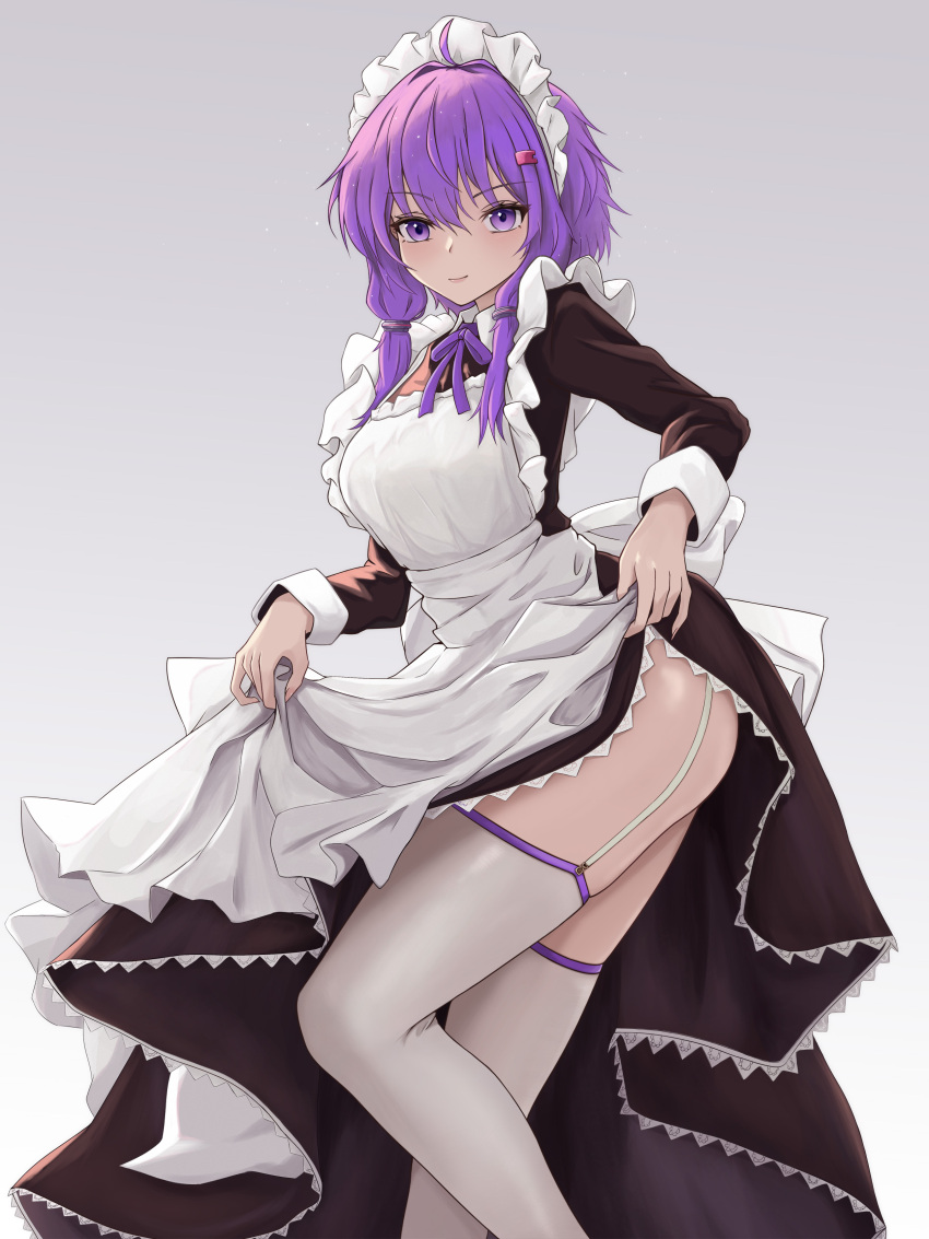 1girl, absurdres, alternate_costume, apron, ass, black_dress, breasts, closed_mouth, clothes_lift, commentary, dress, english_commentary, enmaided, garter_straps, gradient_background, grey_background, highres, iliketequila, lifting_own_clothes, long_hair, long_sleeves, looking_at_viewer, maid, maid_apron, maid_headdress, neck_ribbon, purple_eyes, purple_hair, purple_ribbon, ribbon, skirt, skirt_lift, smile, solo, thighhighs, thighs, voiceroid, white_apron, white_thighhighs, yuzuki_yukari
