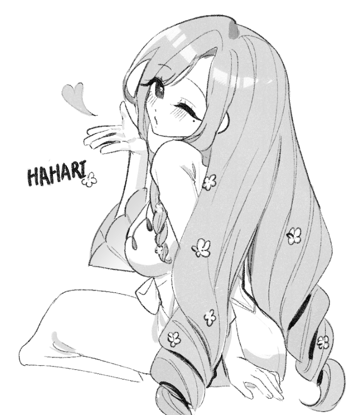 1girl, back_cutout, blowing_kiss, blush, bow, character_name, chi_kan100, clothing_cutout, cropped_legs, curly_sidelocks, curtained_hair, dress, dress_bow, drill_hair, flower, from_behind, hair_flower, hair_ornament, hanazono_hahari, head_tilt, heart, kimi_no_koto_ga_dai_dai_dai_dai_daisuki_na_100-nin_no_kanojo, long_dress, long_hair, long_sleeves, looking_back, mature_female, mole, mole_under_eye, monochrome, one_eye_closed, parted_bangs, puckered_lips, sidelocks, simple_background, sitting, solo, very_long_hair, white_background, wide_sleeves