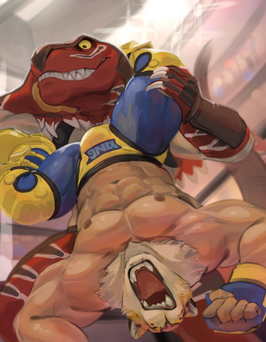 2boys, abs, absurdres, bara, bare_pectorals, biceps, bulge, character_name, claws, commentary, dangpa, english_commentary, fangs, furry, furry_male, gloves, highres, king_(tekken), king_of_dinosaurs, knee_pads, leg_grab, looking_at_another, male_focus, masked, multiple_boys, muscular, muscular_male, navel, nipples, open_mouth, pectorals, tekken, the_king_of_fighters, topless_male, upside-down, wrestling, wrestling_outfit