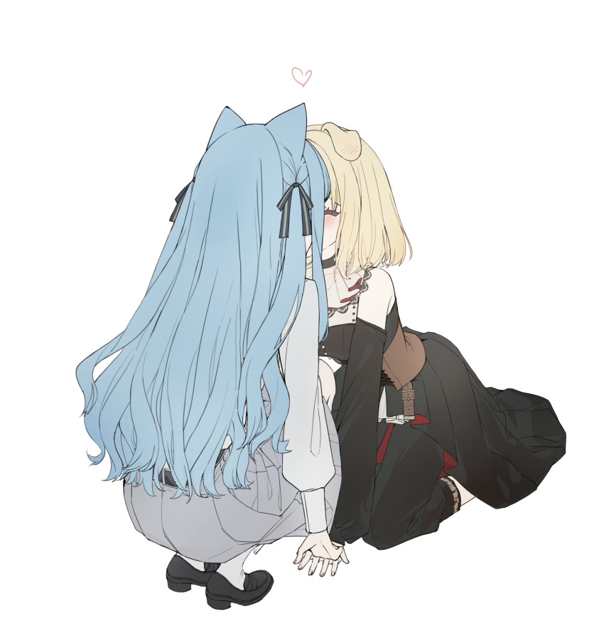 2girls, ^_^, absurdres, animal_ears, ascot, bang_dream!, bang_dream!_it's_mygo!!!!!, black_dress, black_shoes, blonde_hair, blue_hair, blush, brown_corset, cat_ears, chinese_commentary, closed_eyes, commentary_request, corset, dahan_jax, dog_ears, doloris_(bang_dream!), dress, full_body, grey_skirt, hair_ears, hair_ribbon, hand_on_another's_hand, heart, heic-to-png_conversion, highres, implied_kiss, kneeling, loafers, long_sleeves, looking_at_another, md5_mismatch, misumi_uika, multiple_girls, puffy_long_sleeves, puffy_sleeves, ribbon, shoes, simple_background, skirt, socks, squatting, togawa_sakiko, white_ascot, white_background, white_socks, yuri