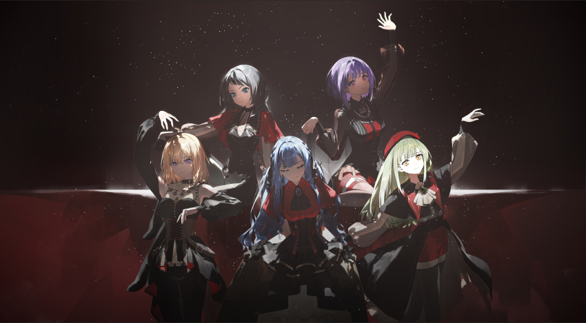 5girls, absurdres, amoris_(bang_dream!), arm_up, ascot, ave_mujica_(bang_dream!), bang_dream!, bang_dream!_it's_mygo!!!!!, beret, black_ascot, black_corset, black_hair, blonde_hair, blue_hair, brooch, closed_mouth, commentary_request, corset, dahan_jax, doloris_(bang_dream!), dress, facing_viewer, green_hair, hat, highres, holding_own_dress, jewelry, looking_at_viewer, misumi_uika, mortis_(bang_dream!), mortis_(costume)_(bang_dream!), multiple_girls, necklace, oblivionis_(bang_dream!), pearl_necklace, pink_eyes, purple_eyes, purple_hair, red_hat, timoris_(bang_dream!), togawa_sakiko, wakaba_mutsumi, white_ascot, yahata_umiri, yellow_eyes, yuutenji_nyamu