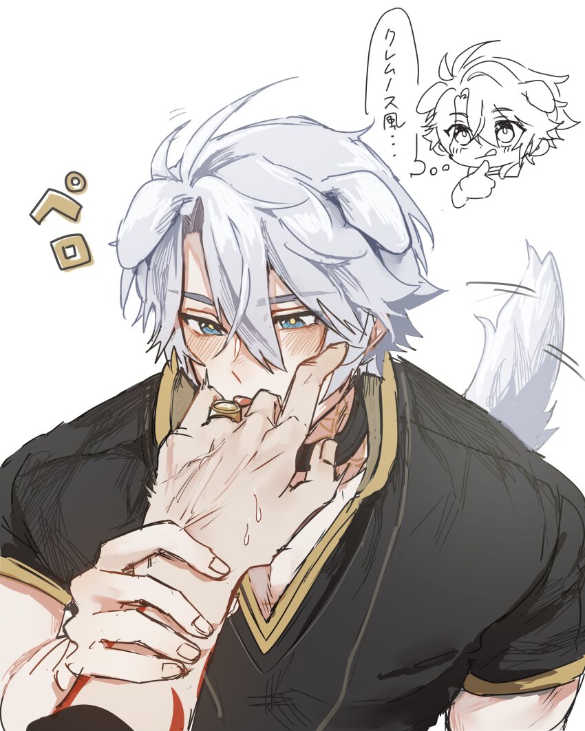 2boys, absurdres, animal_ears, antenna_hair, arm_tattoo, black_choker, black_shirt, blue_eyes, blush, chibi, choker, dog_boy, dog_ears, dog_tail, ggtnnk, gold_ring, highres, holding_another's_wrist, honkai:_star_rail, honkai_(series), licking, licking_finger, male_focus, multiple_boys, mydei_(honkai:_star_rail), parted_bangs, phainon_(honkai:_star_rail), red_tattoo, shirt, short_hair, short_sleeves, simple_background, tail, tattoo, translation_request, white_background, white_hair, yaoi