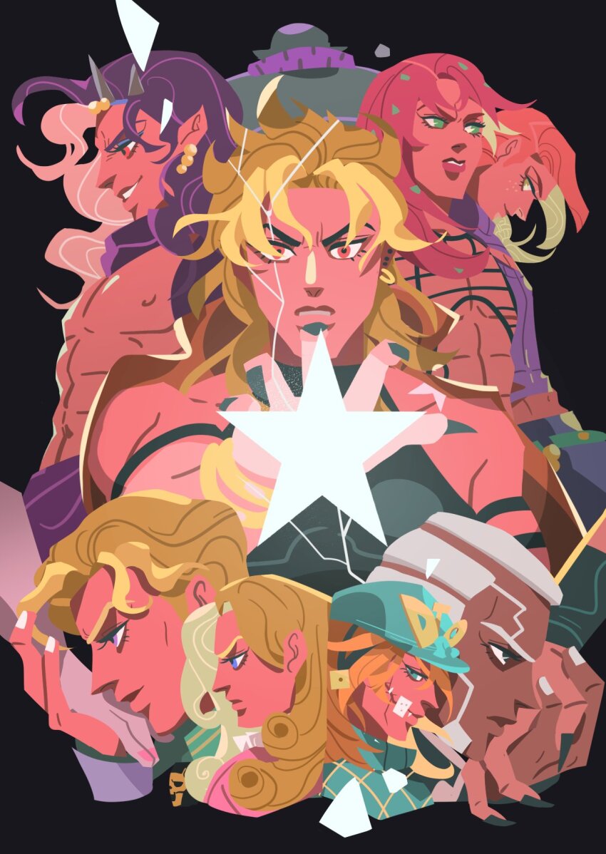 1girl, 1other, 6+boys, abs, aqua_bow, aqua_eyes, aqua_helmet, aqua_sweater, argyle_clothes, argyle_sweater, battle_tendency, birthmark, black_background, black_eyes, black_nails, black_shirt, blonde_hair, blue_eyes, bow, bowler_hat, closed_mouth, commentary, curly_hair, dark-skinned_male, dark_skin, diamond_wa_kudakenai, diavolo, diego_brando, dio_brando, disembodied_hand, ear_birthmark, earrings, english_commentary, enrico_pucci, fingernails, funny_valentine, green_eyes, green_nails, grin, hat, helmet, highres, holding_hands, horns, jacket, jewelry, joestar_birthmark, jojo_no_kimyou_na_bouken, jojolion, kars_(jojo), kira_yoshikage, long_hair, looking_at_viewer, lowj730, makeup, male_focus, multiple_boys, muscular, muscular_male, orange_eyes, pink_hair, pink_lips, pointy_ears, purple_hair, purple_jacket, purple_scarf, purple_sweater, red_eyes, scarf, sharp_fingernails, shirt, sleeveless, sleeveless_shirt, smile, stand_(jojo), star_(symbol), stardust_crusaders, steel_ball_run, stone_ocean, sweater, topless_male, turtleneck, turtleneck_sweater, vento_aureo, vinegar_doppio, white_hair, white_nails, wonder_of_u, yellow_eyes