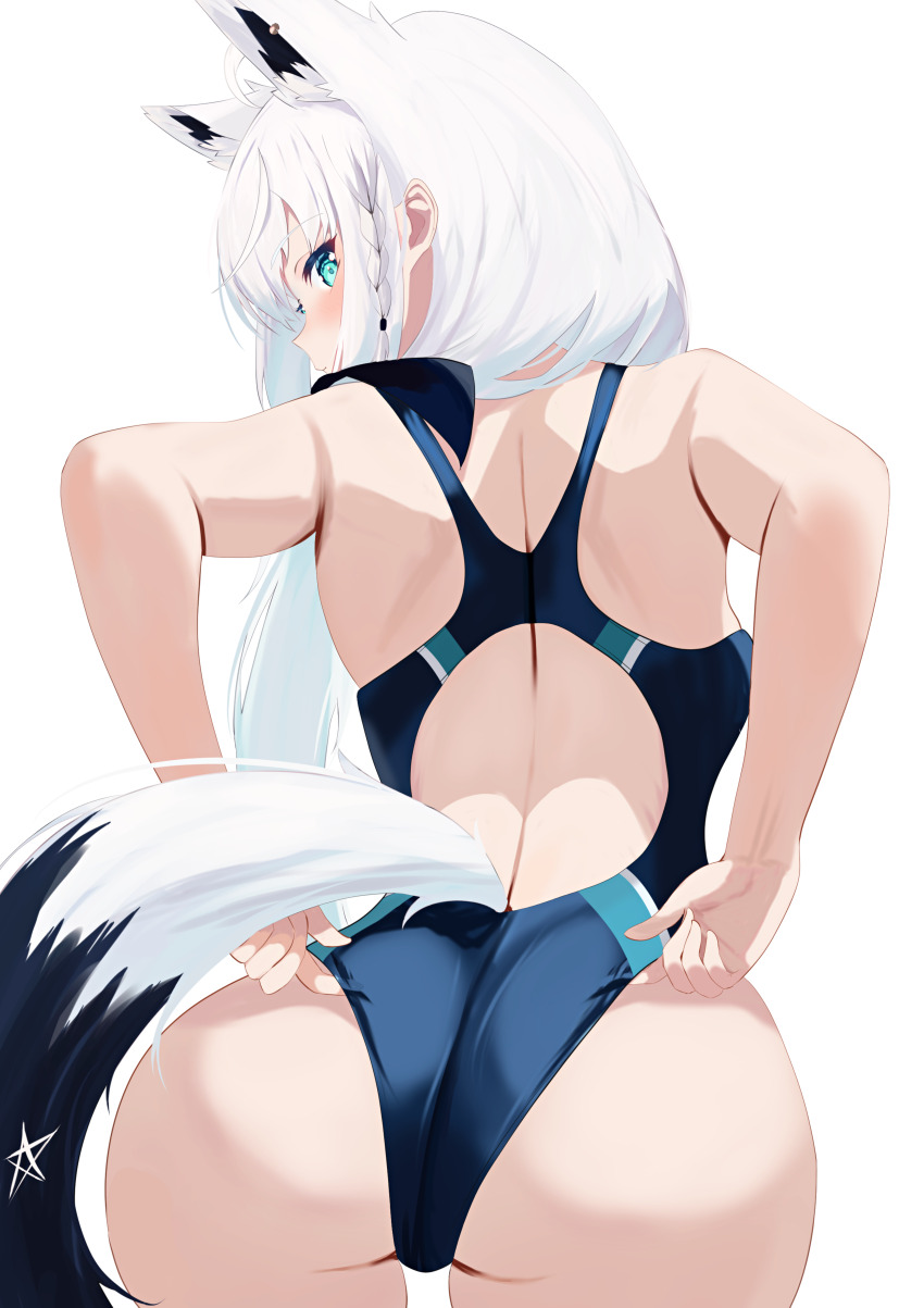 1girl, absurdres, animal_ears, ass, back, blue_one-piece_swimsuit, blush, braid, competition_school_swimsuit, extra_ears, fox_ears, fox_girl, fox_tail, green_eyes, highres, hololive, long_hair, looking_back, median_furrow, natsuki_(natsu_1936), one-piece_swimsuit, school_swimsuit, shirakami_fubuki, shoulder_blades, simple_background, solo, swimsuit, tail, thighs, virtual_youtuber, white_background, white_hair