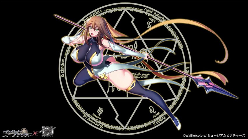 1girl, ass, bare_shoulders, black_thighhighs, breasts, brown_hair, copyright_name, covered_erect_nipples