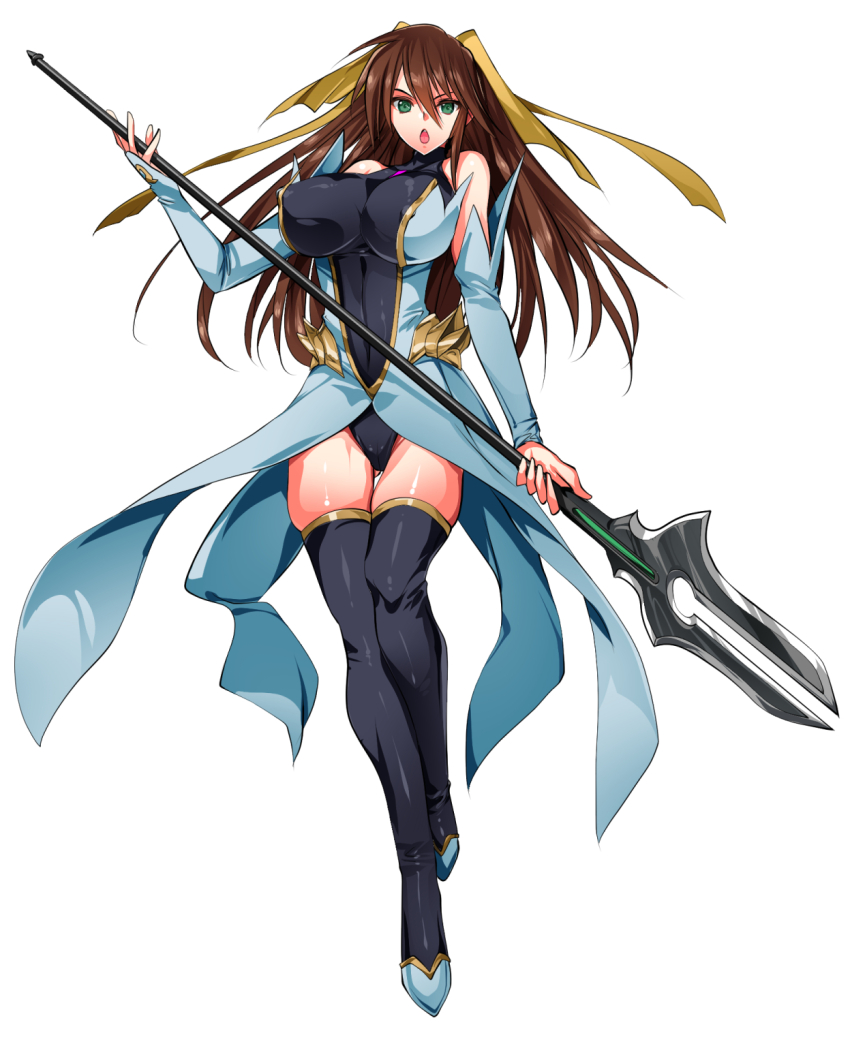 1girl, :o, bare_shoulders, black_thighhighs, boots, breasts, bridal_gauntlets, brown_hair