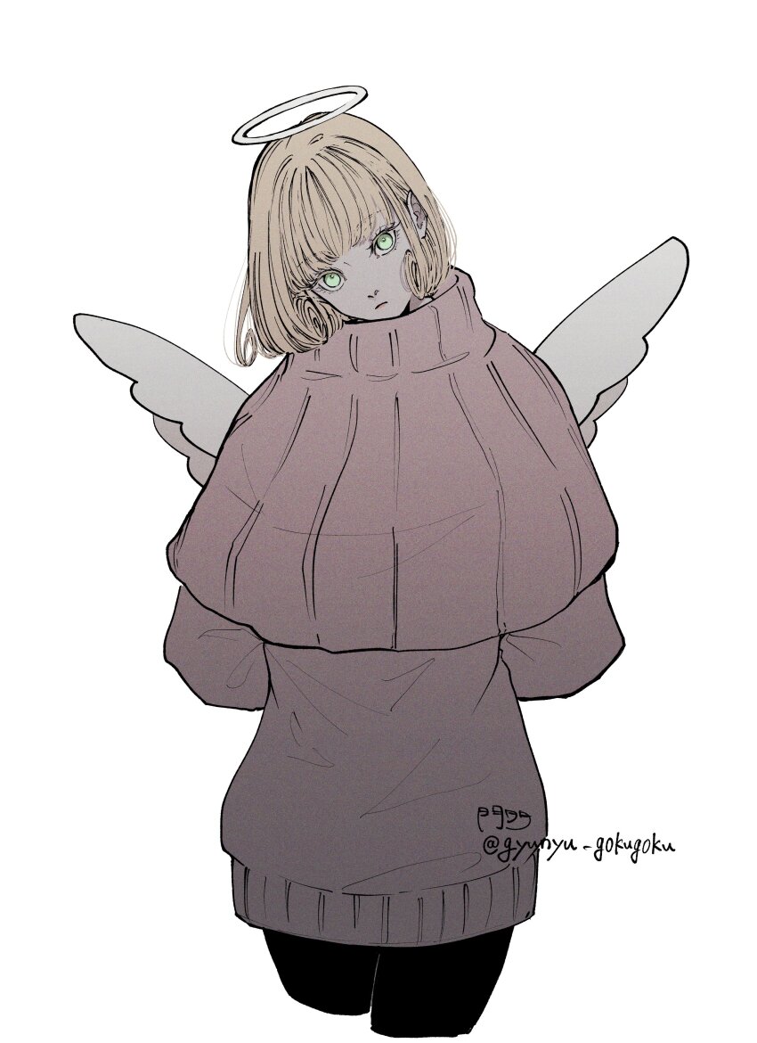 1girl, absurdres, angel_wings, arms_behind_back, black_leggings, blonde_hair, cowboy_shot, curly_hair