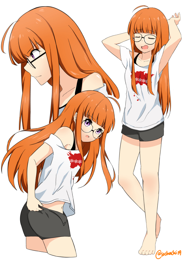 1girl, :o, ahoge, arms_up, ass, barefoot, black-framed_eyewear, black_shorts