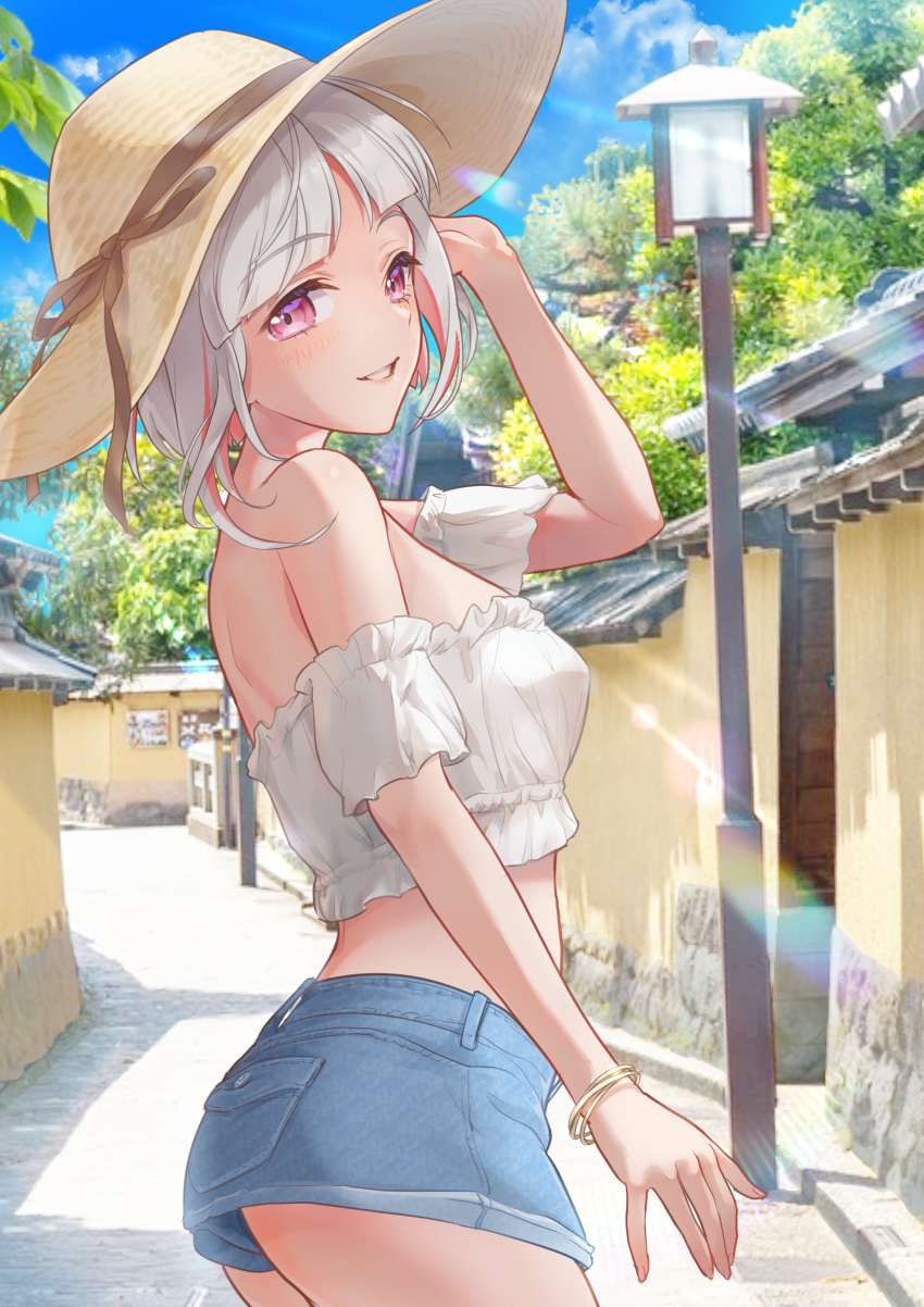 1girl, absurdres, alternate_costume, ass_peek, bandeau, bare_shoulders, blue_shorts, blue_sky