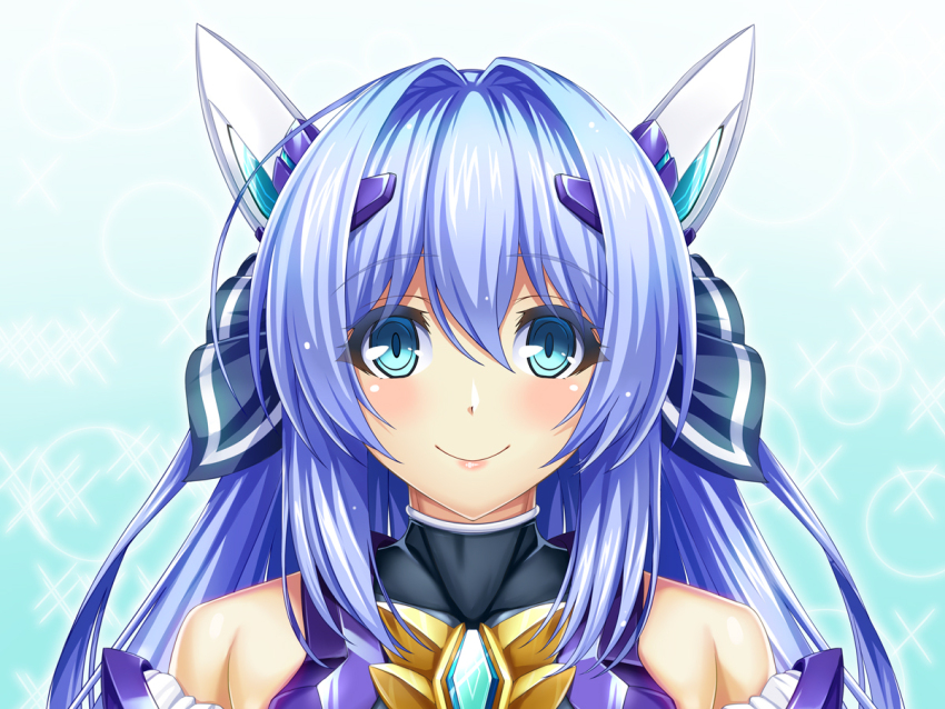 1girl, bare_shoulders, blue_background, blue_eyes, blue_hair, blush, closed_mouth, covered_collarbone