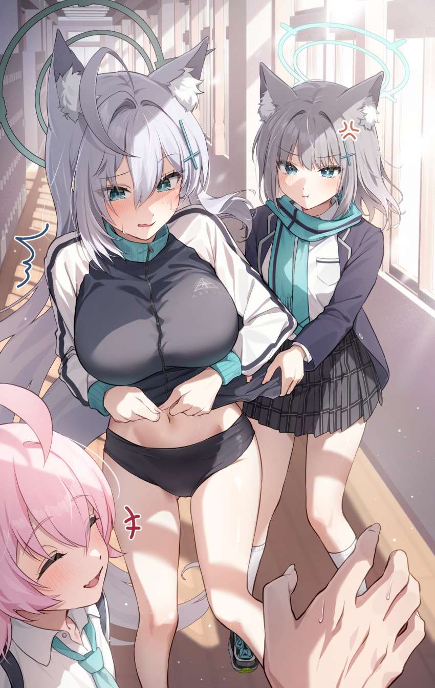 1other, 3girls, anger_vein, animal_ears, aqua_halo, black_buruma, black_jacket, blue_archive