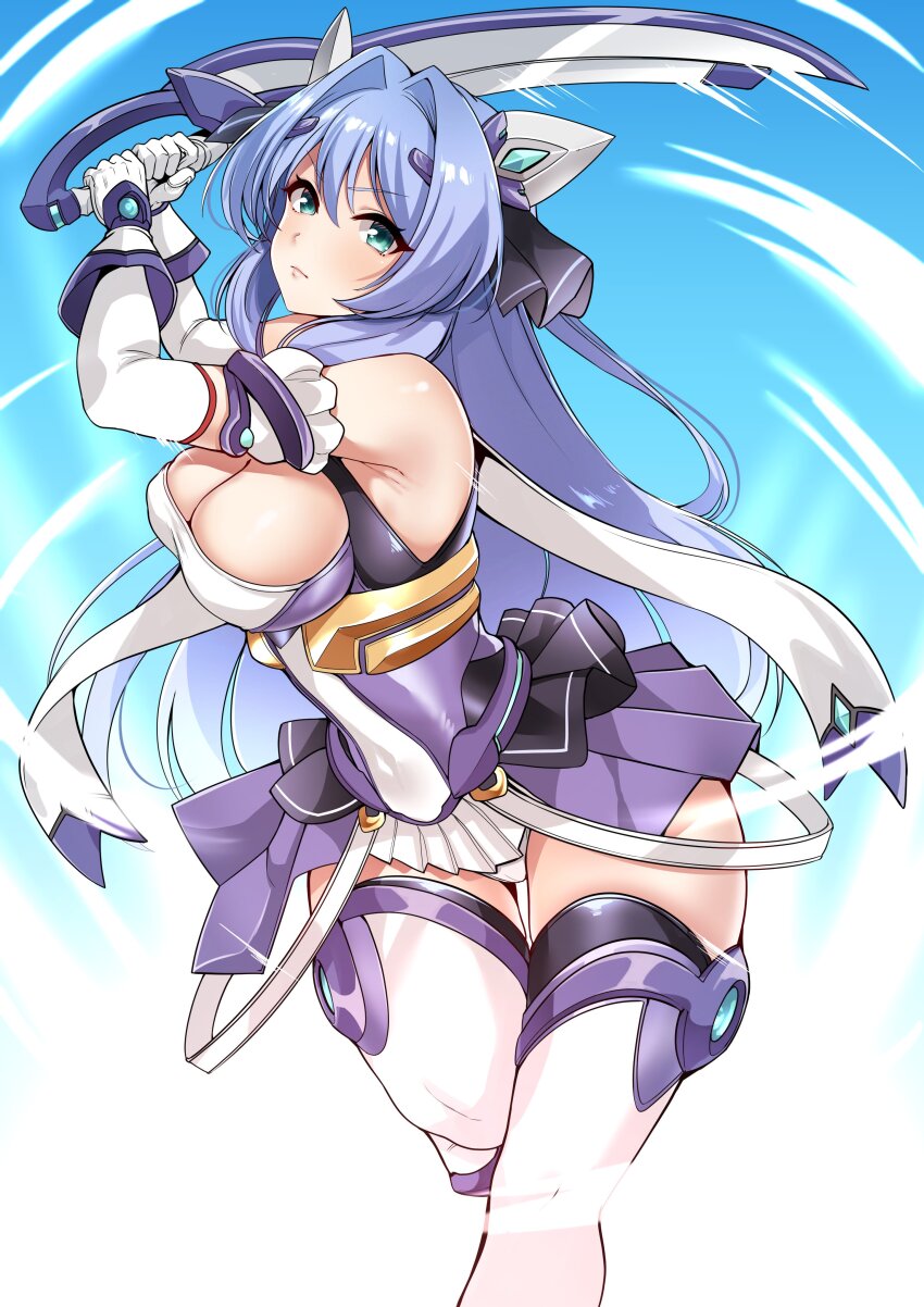 1girl, absurdres, bare_shoulders, blue_background, blue_eyes, blue_hair, boots, breasts
