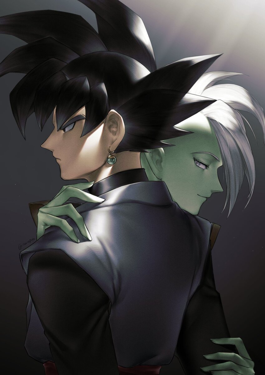 2boys, black_dougi, black_eyes, black_hair, colored_skin, commentary_request, dougi, dragon_ball