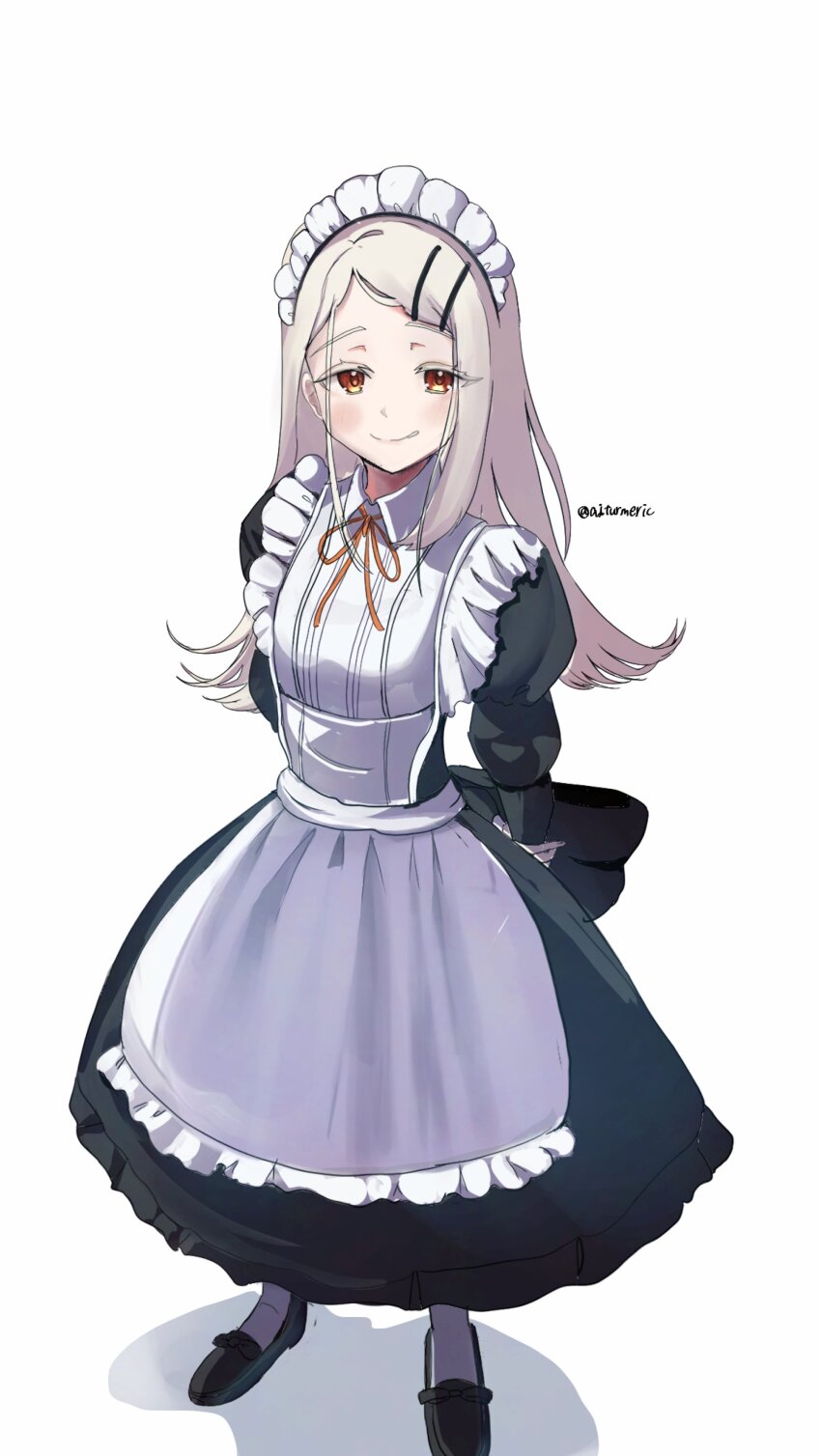 1girl, absurdres, aiturmeric, apron, arms_behind_back, back_bow, black_bow, black_dress