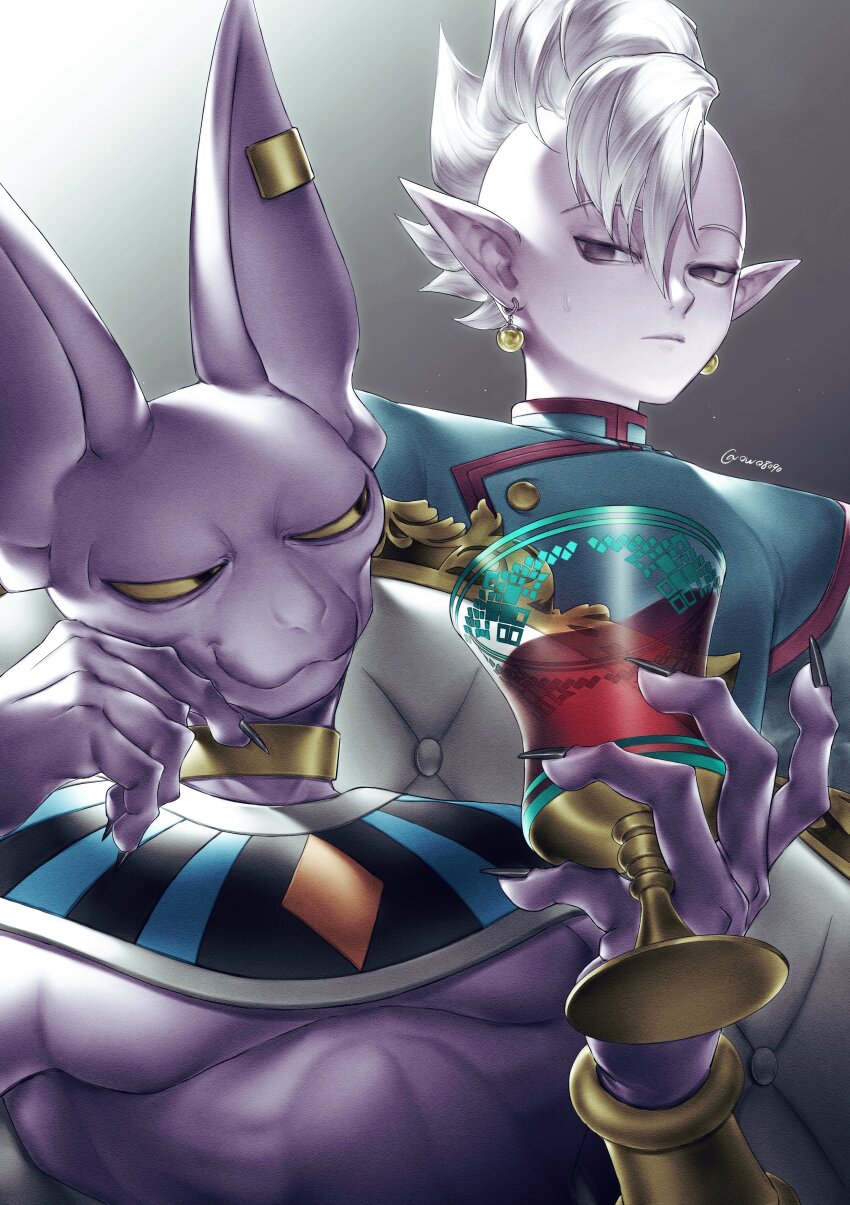 2boys, absurdres, aqua_vest, beerus, black_eyes, black_nails, bracer, cat_boy
