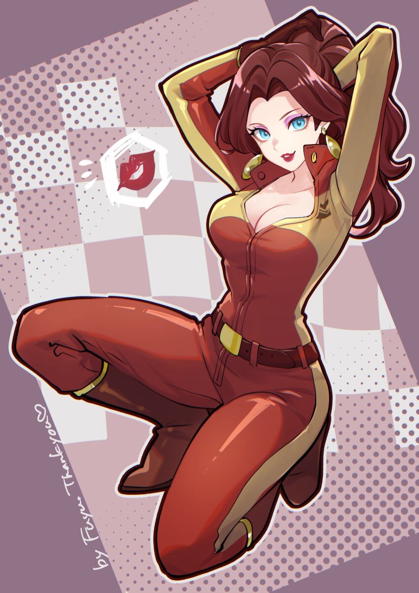 1girl, arms_up, belt, biker_clothes, blue_eyes, bodysuit, boots, breasts, brown_hair, cleavage, earrings, eyeshadow, floating_earrings, gold_earrings, highres, jewelry, large_breasts, lipstick, long_hair, looking_at_viewer, makeup, mario_(series), mario_kart, mario_kart_world, nintendo, open_mouth, pauline_(aero)_(nintendo), pauline_(nintendo), ponytail, purple_eyeshadow, rakugakifuyu, red_bodysuit, red_lips, smile, solo, thighs, wavy_hair