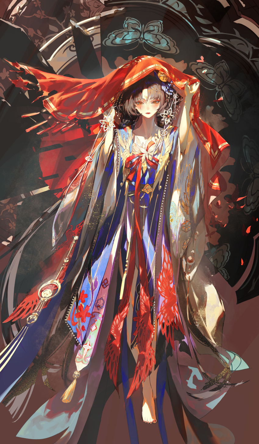 1girl, absurdres, barefoot, brown_hair, chinese_clothes, chinese_commentary, closed_mouth, commentary_request