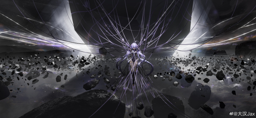 1girl, absurdres, ahoge, blue_hair, boots, bound, chain, chinese_commentary