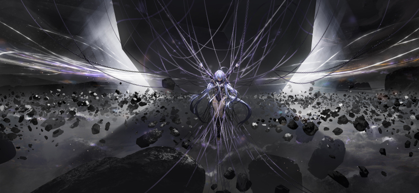 1girl, absurdres, ahoge, blue_hair, boots, bound, chain, chinese_commentary