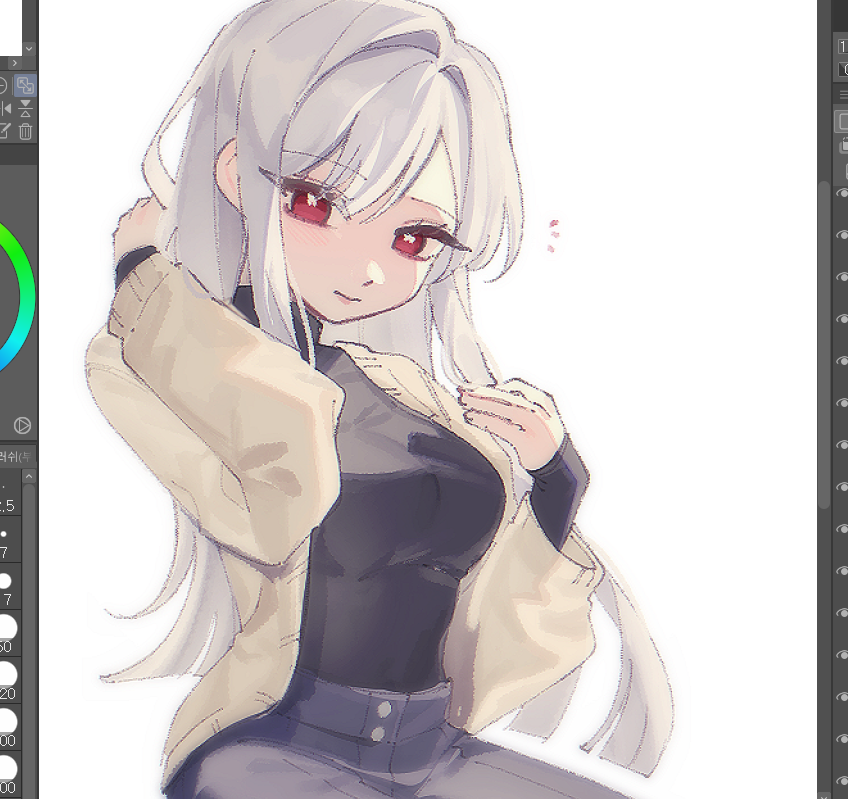 1girl, alternate_costume, arm_up, art_program_in_frame, black_sweater, blunt_ends, cardigan, casual