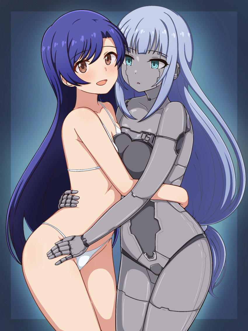2girls, absurdres, android, arms_around_another's_waist, bikini, blue_eyes, blue_hair, blush