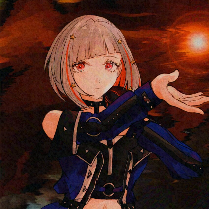 1girl, alternate_costume, ampere_(love_live!), aoi_(byb_babylon), arm_up, bare_shoulders, black_shirt, blue_coat