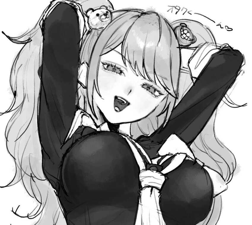 1girl, :d, bear_hair_ornament, breasts, danganronpa:_trigger_happy_havoc, danganronpa_(series), dn0lt, enoshima_junko