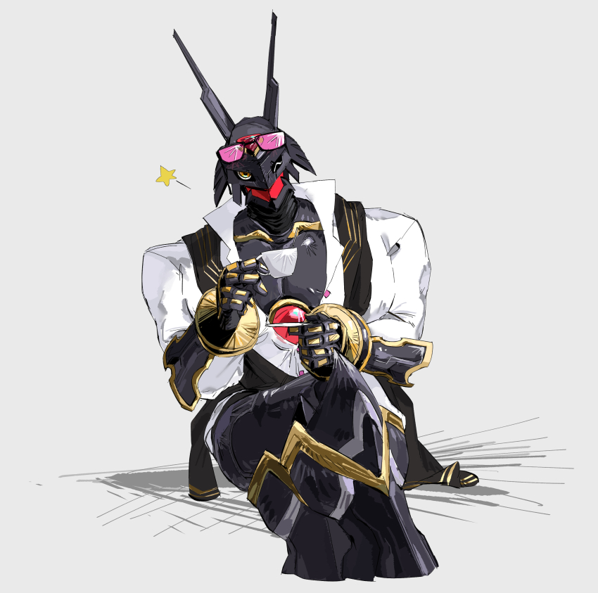 1boy, absurdres, alphamon, armor, black_armor, black_scarf, coffee_mug, commentary_request
