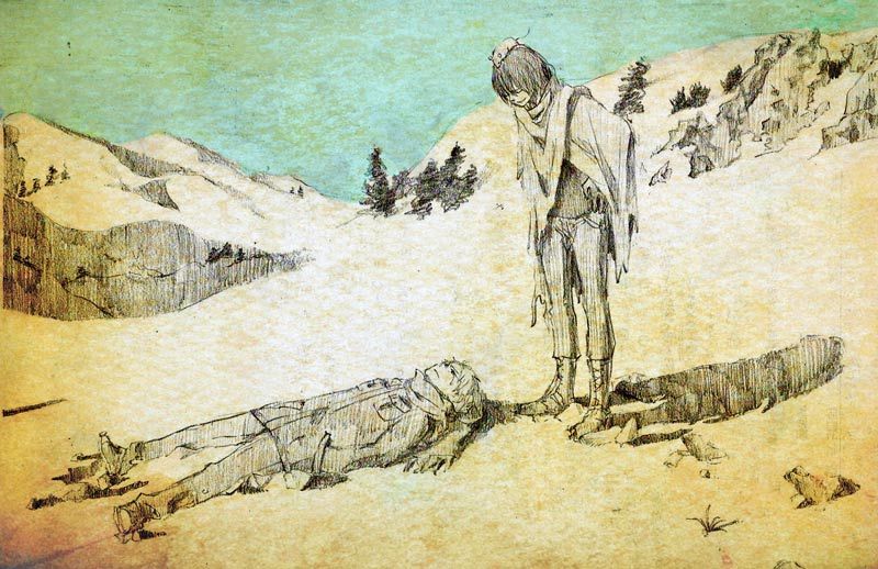 2boys, coat, landscape, lying, mountain, mouse_(animal), multiple_boys, nezumi_(no.6), no.6, scarf, shadow, shion_(no.6), short_hair, sky, tree, vio82