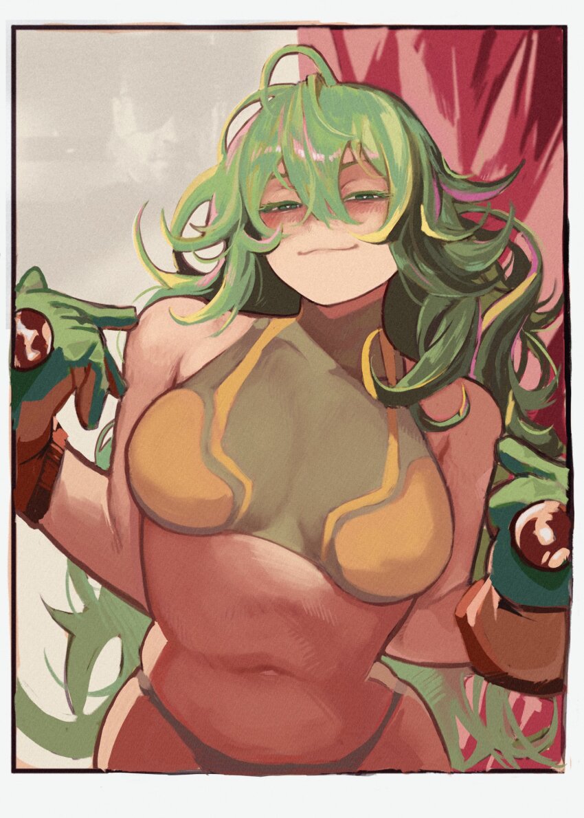 1girl, bare_shoulders, boku_no_hero_academia, border, breasts, closed_mouth, commentary, deku's_photo_of_hagakure_toru