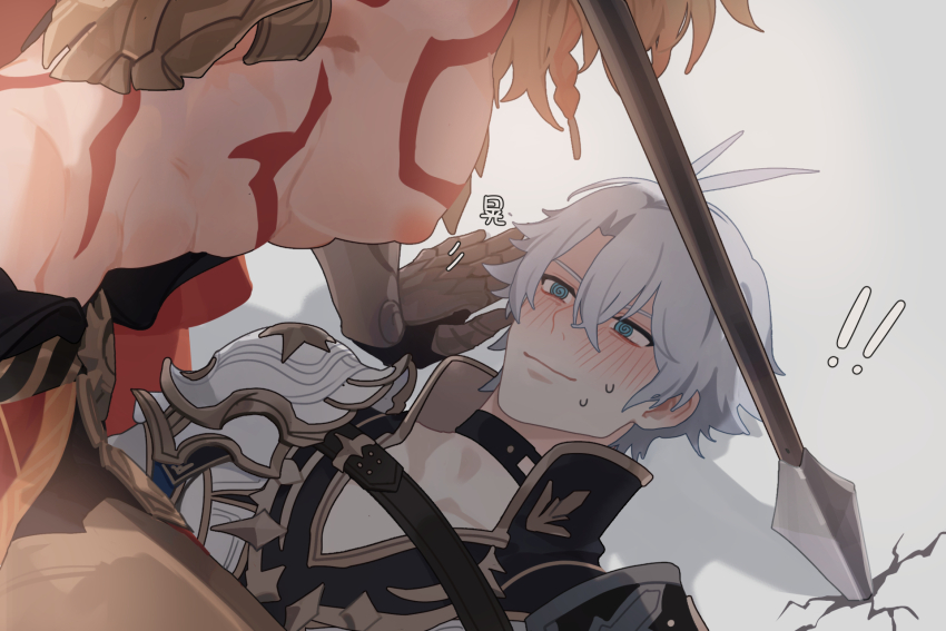 !, !!, 2boys, antenna_hair, armor, black_choker, black_pants, black_shirt