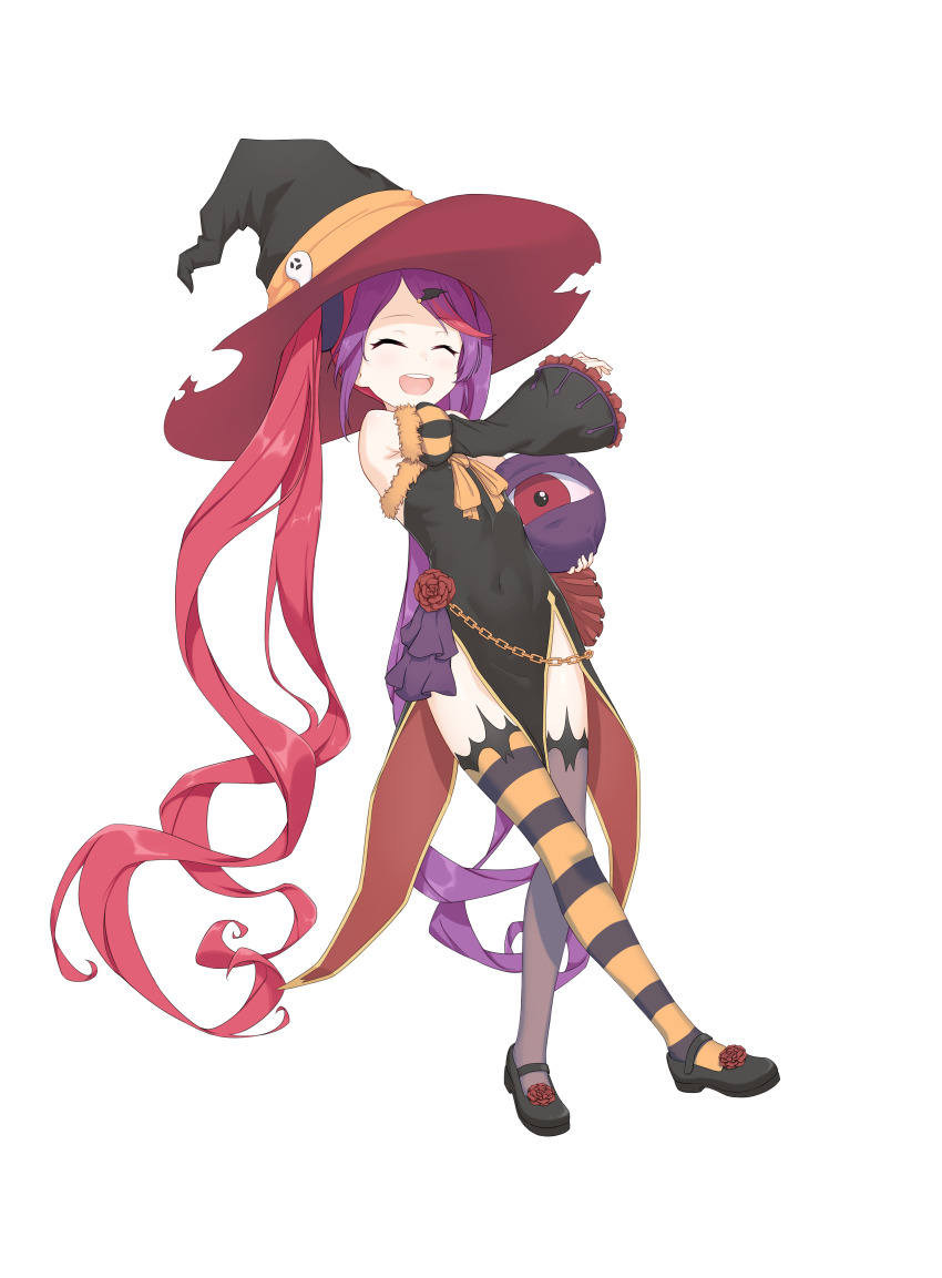 1girl, absurdres, closed_eyes, covered_navel, creature, detached_sleeves, dress, flat_chest