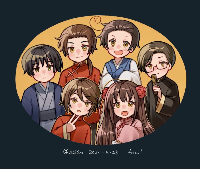 1girl, 5boys, ahoge, artist_name, axis_powers_hetalia, belt, black_belt, black_hair