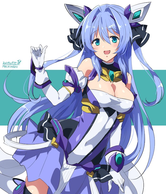 1girl, :d, bare_shoulders, black_ribbon, black_thighhighs, blue_eyes, blue_hair, blush