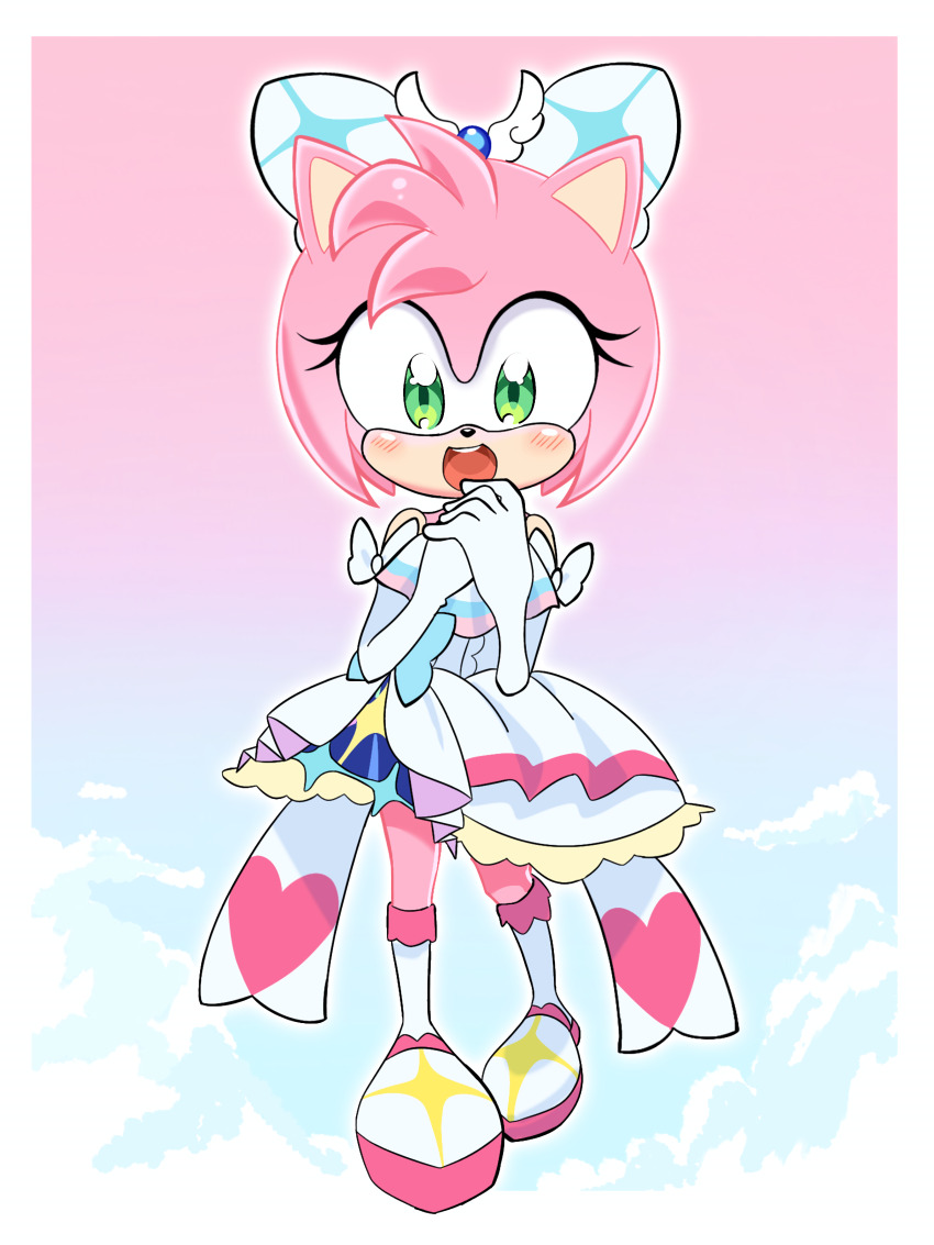 1girl, :d, absurdres, amy_rose, animal_nose, arm_bow, ascot, bare_shoulders