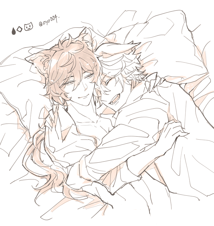 004s_4, 2boys, animal_ears, cat_ears, couple, cuddling, fox_ears, genshin_impact