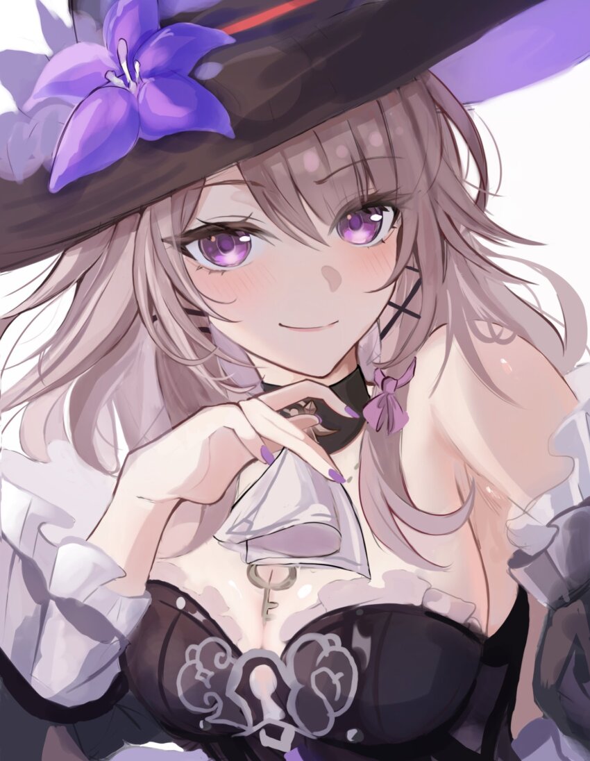 1girl, ascot, bare_shoulders, black_choker, black_dress, black_hat, black_sleeves, blush