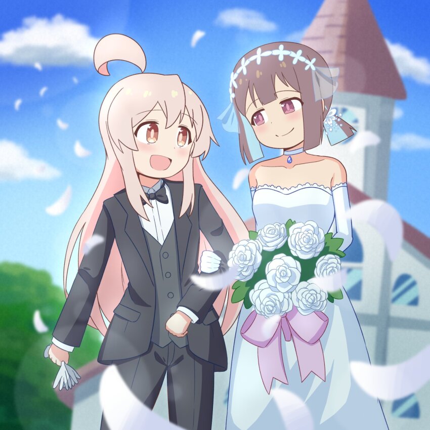 2girls, :d, ahoge, bare_shoulders, black_bow, black_bowtie, black_pants, black_suit, black_vs_white, blue_hair, blue_sky, blunt_bangs, blurry, blurry_background, bouquet, bow, bowtie, bridal_veil, bride, brown_eyes, brown_hair, choker, church, collarbone, commentary_request, day, dress, elbow_gloves, female_focus, flower, formal_clothes, gekogekobuhihi, gloves, groom, hair_between_eyes, highres, holding, holding_another's_arm, holding_bouquet, hozuki_momiji, light_blush, long_hair, long_sleeves, looking_at_viewer, multiple_girls, onii-chan_wa_oshimai!, open_mouth, outdoors, oyama_mahiro, pants, petals, pink_eyes, pink_hair, ponytail, rose, shirt, short_hair, short_ponytail, sky, smile, standing, strapless, strapless_dress, suit, unworn_gloves, veil, very_long_hair, wedding, wedding_dress, white_choker, white_dress, white_flower, white_gloves, white_rose, white_shirt, wife_and_wife, yuri