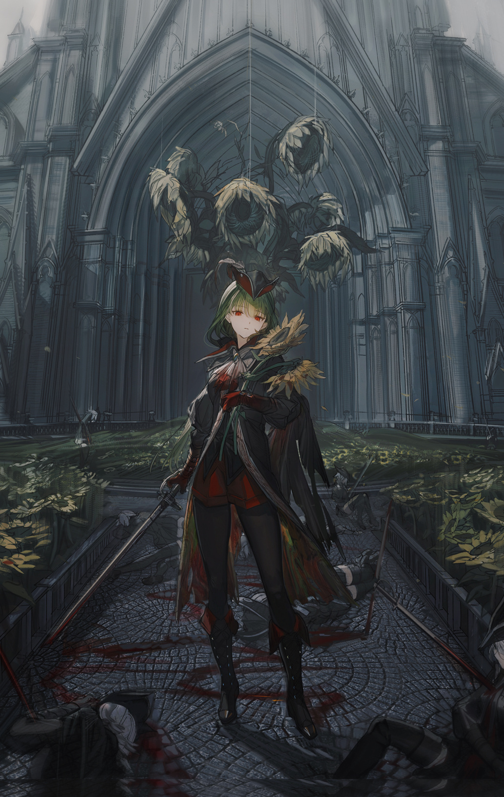 1girl, black_footwear, black_socks, blood, bloodborne, boots, church, corpse