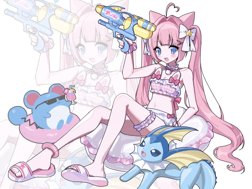 1girl, 25g_lie, :d, ahoge, animal_ears, anklet, bare_legs, bare_shoulders