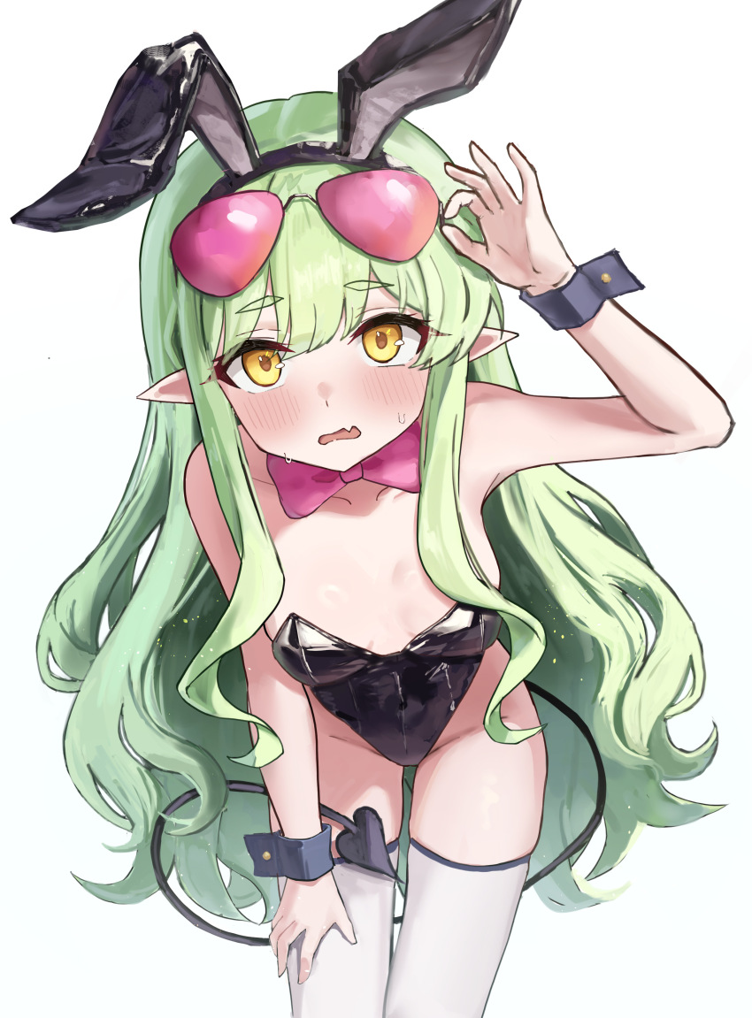 1girl, absurdres, adjusting_eyewear, arm_up, bare_shoulders, black_hairband, black_leotard, black_tail, black_wrist_cuffs, blue_archive, blush, bow, bowtie, breasts, collarbone, cowboy_shot, demon_tail, embarrassed, eyelashes, eyewear_on_head, fang, green_hair, groin, hair_between_eyes, hairband, hand_on_eyewear, hand_on_own_leg, highres, hikari_(blue_archive), leaning_forward, leotard, loli, long_hair, long_sidelocks, looking_at_viewer, open_mouth, pink_bow, pink_bowtie, playboy_bunny, pointy_ears, rabbit_ears, red-tinted_eyewear, saku_art3, short_eyebrows, sidelocks, simple_background, skin_fang, small_breasts, solo, strapless, strapless_leotard, sweat, swept_bangs, tail, thighhighs, tinted_eyewear, very_long_hair, wavy_hair, wavy_sidelocks, white_background, white_thighhighs, wrist_cuffs, yellow_eyes