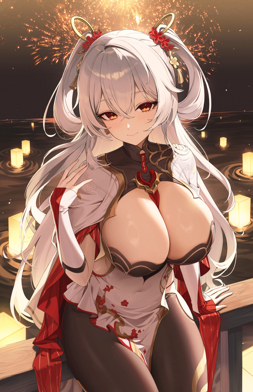 1girl, absurdres, aerial_fireworks, against_railing, alternate_breast_size_(larger), black_collar, black_pantyhose, breasts, cleavage, closed_mouth, clothing_cutout, collar, commentary, covered_navel, cowboy_shot, dress, fireworks, g.h_(dkxlek), hair_between_eyes, hair_ornament, hand_up, highres, hip_vent, honkai_(series), honkai_impact_3rd, huge_breasts, lantern, light_blush, long_hair, looking_at_viewer, luna_(honkai_impact), luna_(redolent_in_red)_(honkai_impact), night, ocean, orange_eyes, outdoors, pantyhose, pelvic_curtain, railing, sky, smile, solo, theresa_apocalypse, theresa_apocalypse_(luna_kindred), two_side_up, very_long_hair, white_dress, white_hair