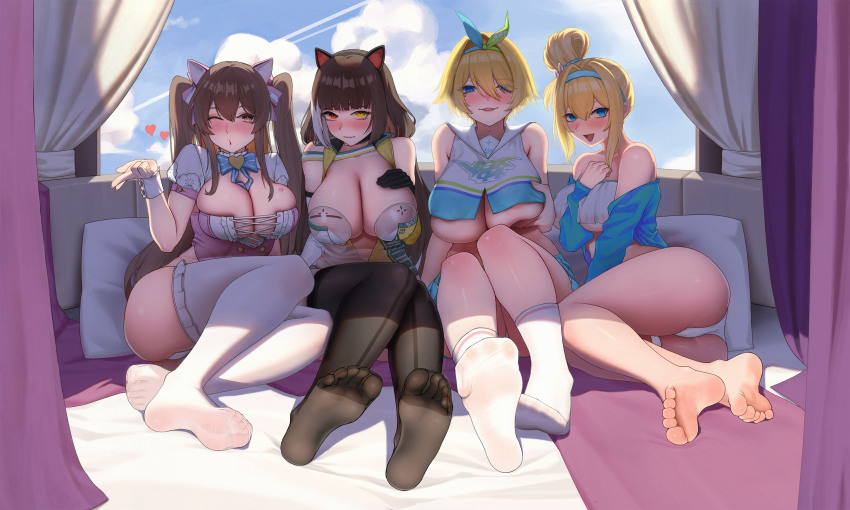 4girls, absurdres, animal_ear_fluff, animal_ears, barefoot, black_thighhighs, blonde_hair, blue_eyes