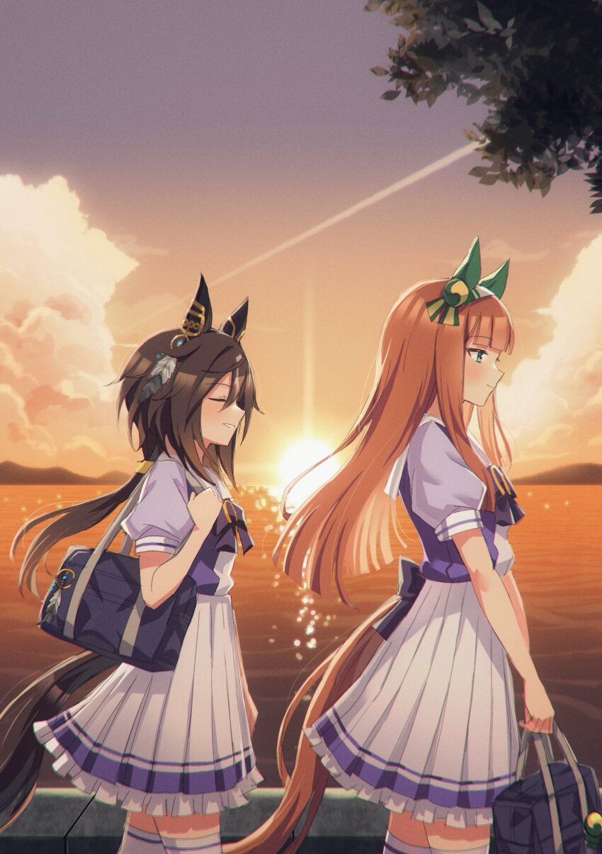 2girls, animal_ears, back_bow, bag, blunt_bangs, blunt_tresses, bow, bowtie