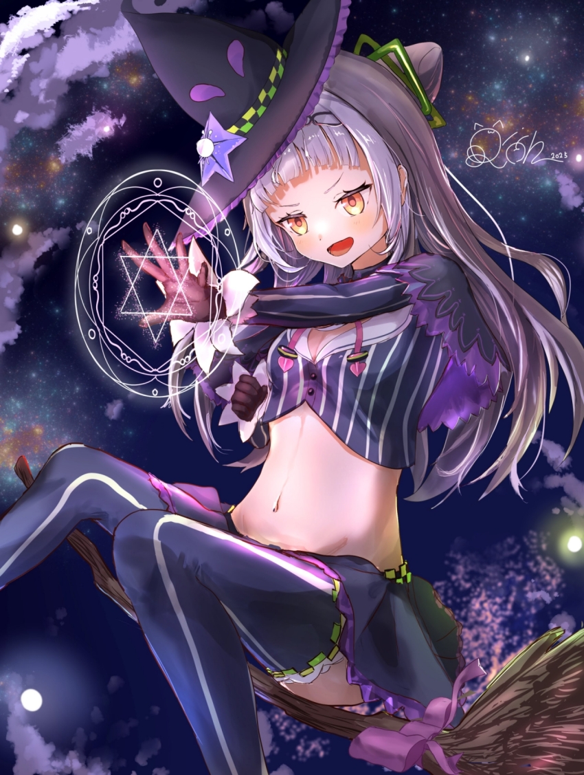 capelet, commentary_request, hat, highres, hololive, magic, magical_girl, midriff