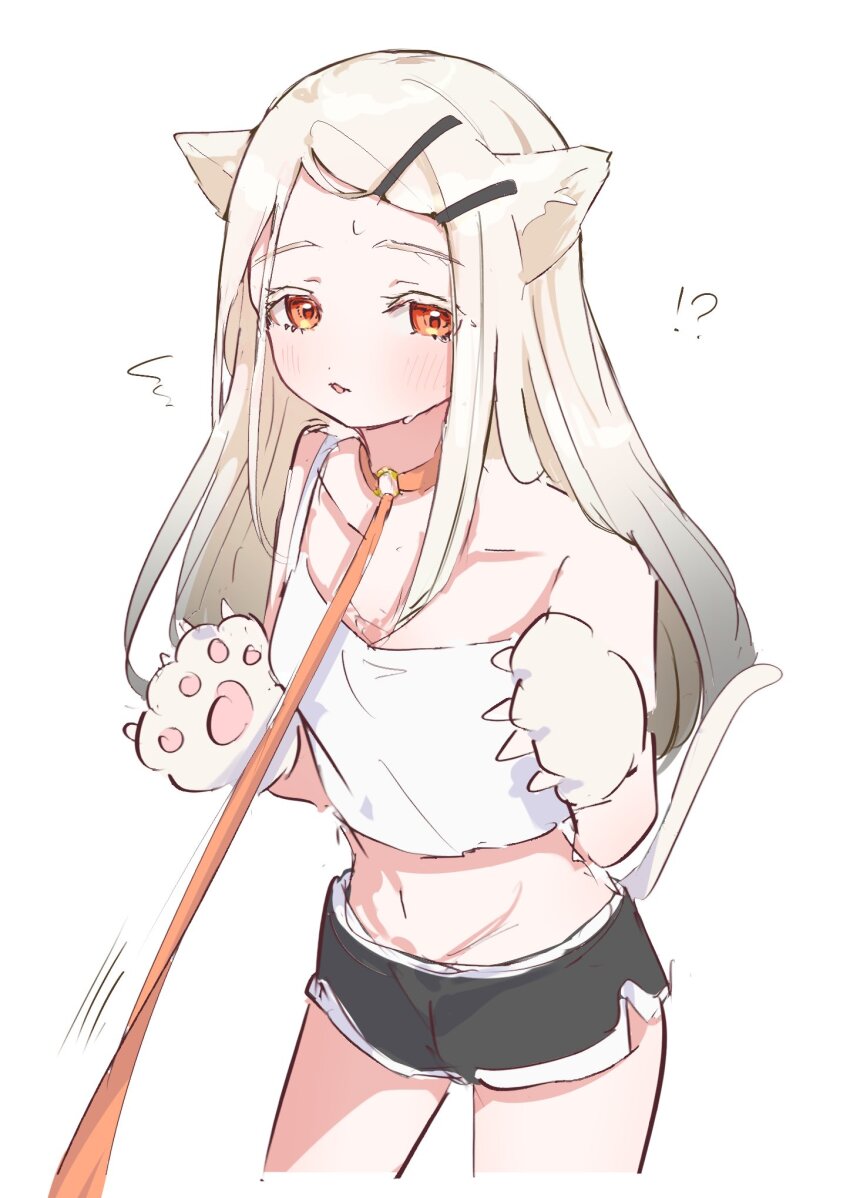 !?, 1girl, animal_ears, animal_hands, black_shorts, blonde_hair, blush, breasts