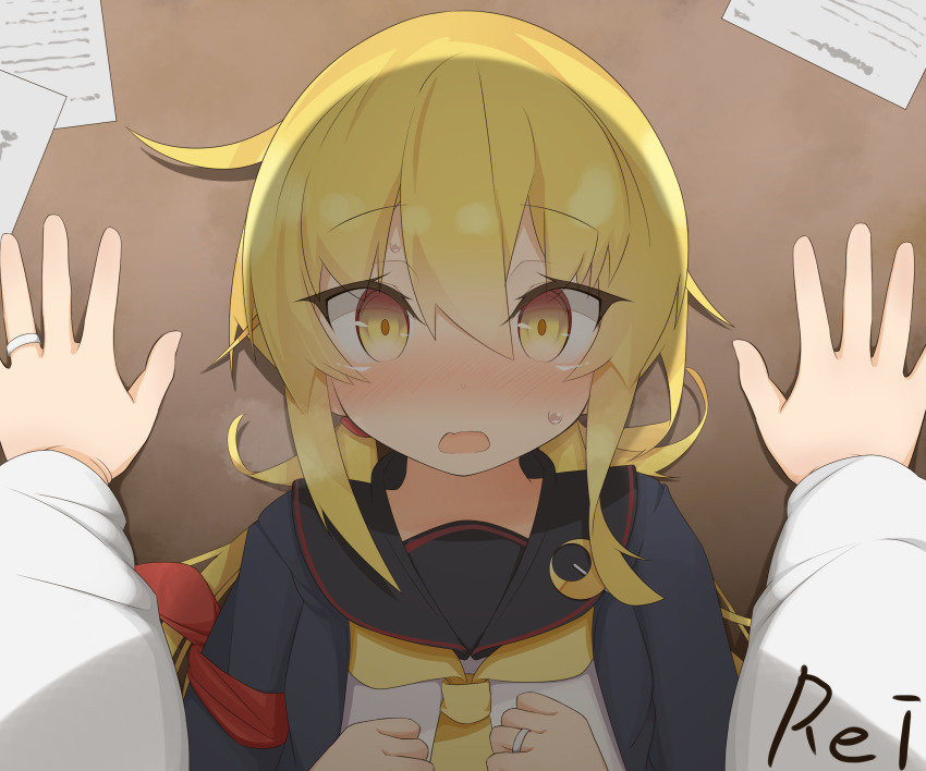 1girl, 1other, absurdres, artist_name, black_jacket, black_sailor_collar, blonde_hair, crescent