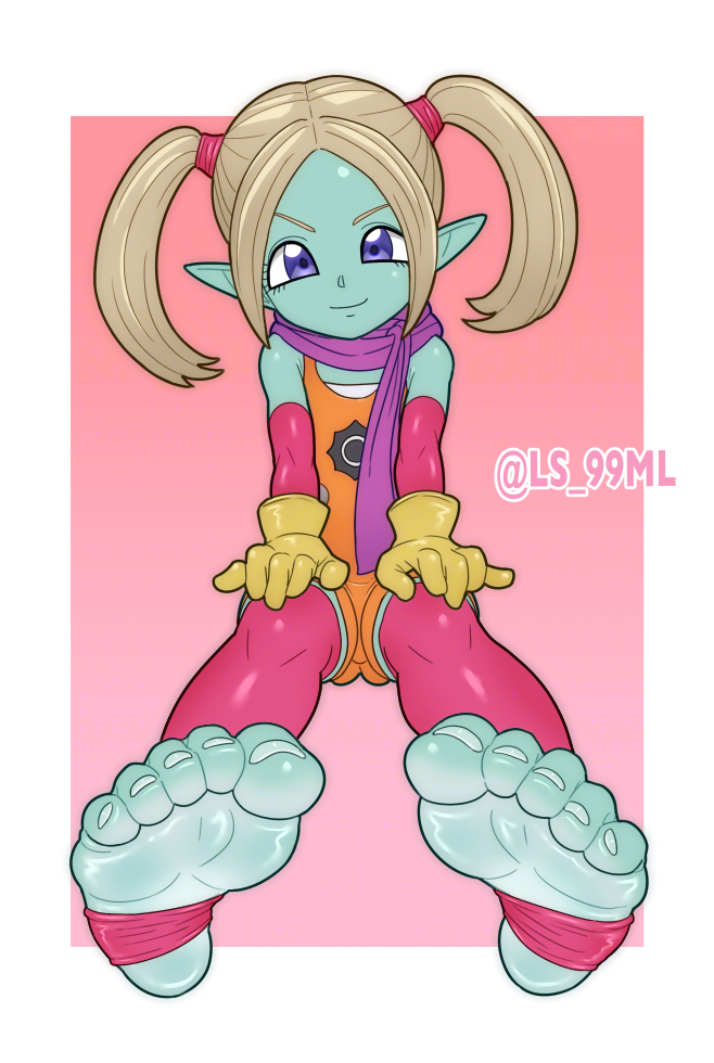 1girl, artist_name, closed_mouth, commission, demon_girl, dragon_ball, dragon_ball_daima, elbow_gloves, feet, female_focus, foot_focus, foreshortening, full_body, gloves, gradient_background, hands_on_own_knees, jumpsuit, loli, looking_at_viewer, orange_jumpsuit, pansy_(dragon_ball_daima), parted_bangs, pink_background, pink_thighhighs, pixiv_commission, pointy_ears, purple_eyes, purple_scarf, scarf, short_hair, sitting, smile, soles, solo, stirrup_legwear, thighhighs, toeless_legwear, toenails, toes, tsukimaru_(ls_99ml), twintails, yellow_gloves