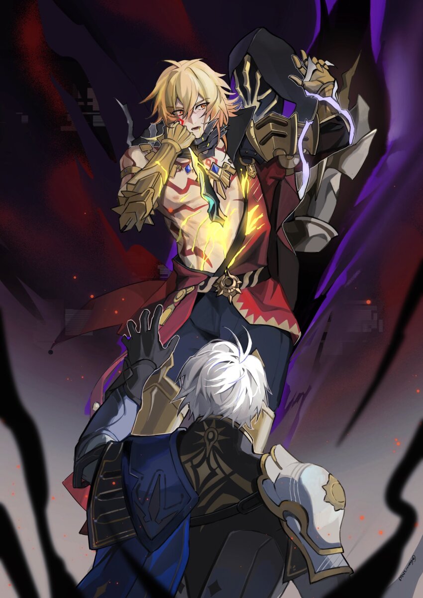 3boys, antenna_hair, arm_tattoo, armor, armored_boots, bare_pectorals, black_coat, black_pants